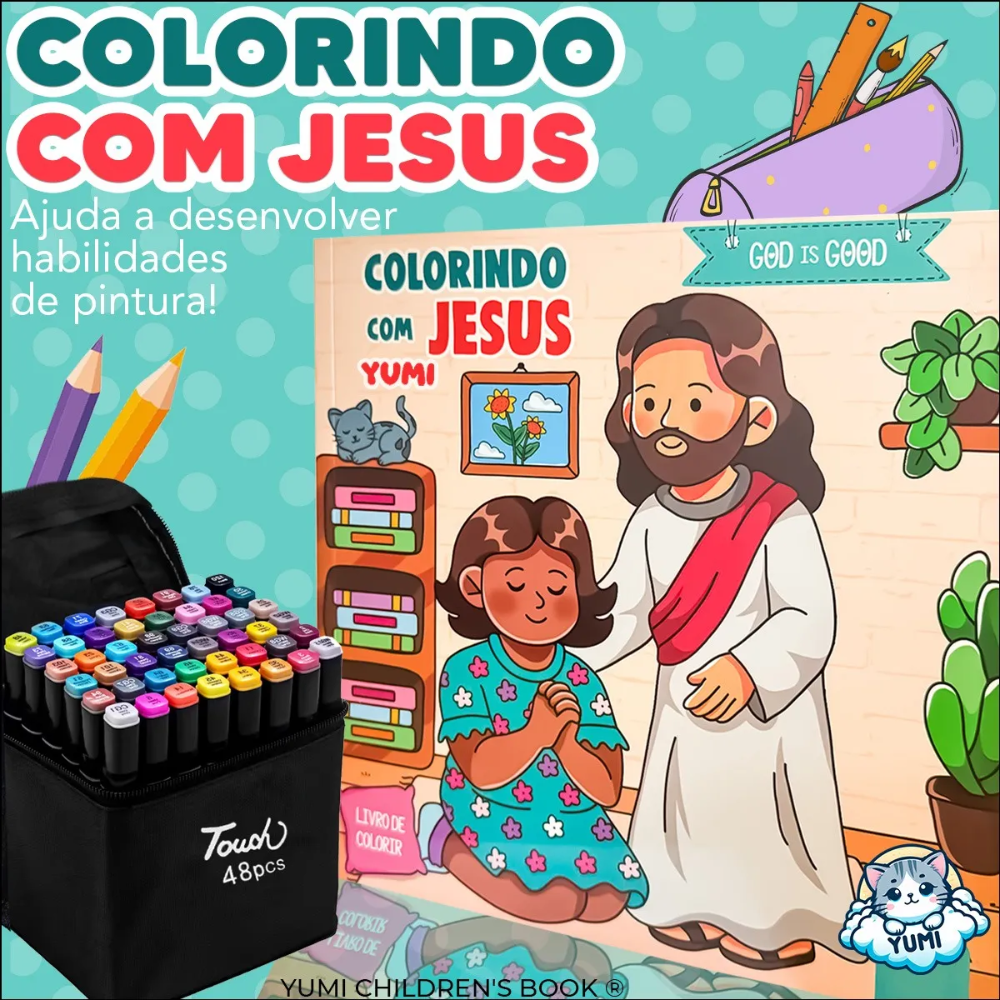 Kit Livro De Colorir Historias Bíblicas Colorindo Com Jesus + 48 Canetinhas Touch Ponta Dupla - Imagem 7