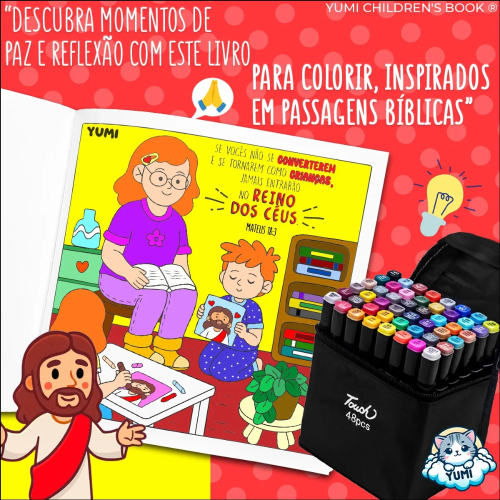 Kit Livro De Colorir Historias Bíblicas Colorindo Com Jesus + 48 Canetinhas Touch Ponta Dupla - Imagem 6