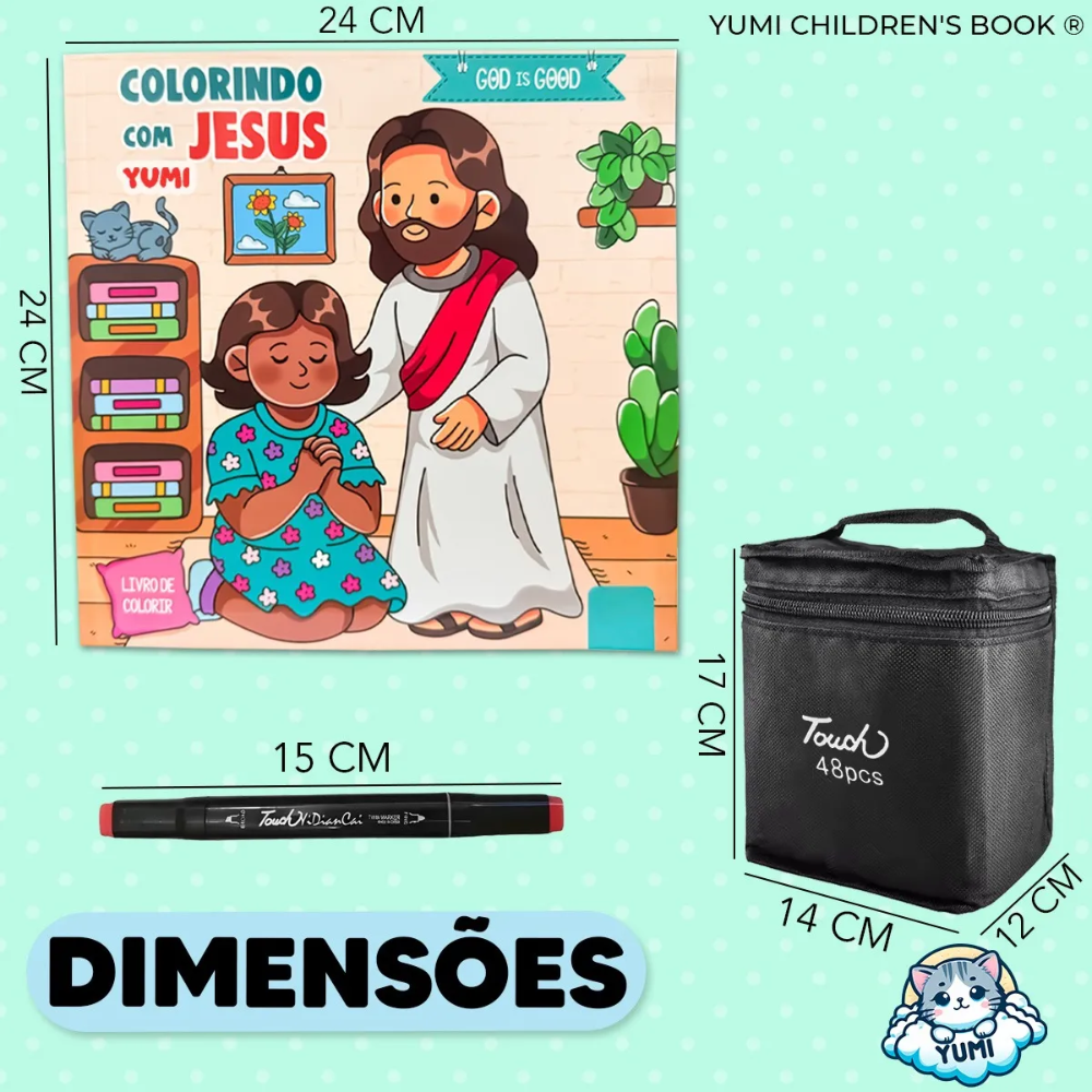 Kit Livro De Colorir Historias Bíblicas Colorindo Com Jesus + 48 Canetinhas Touch Ponta Dupla