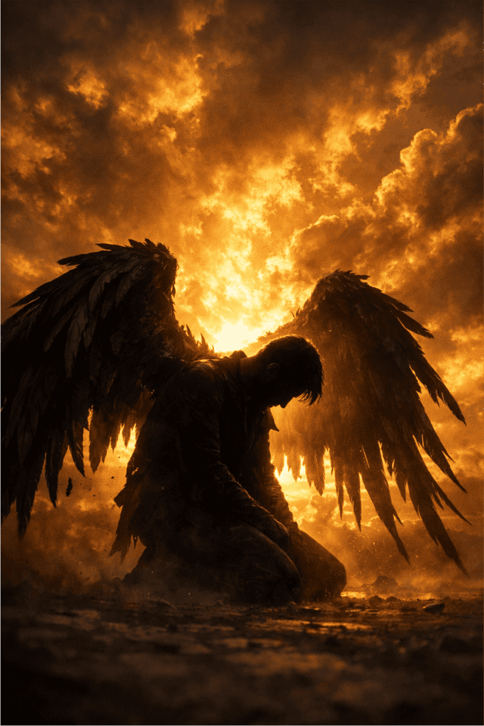 Imagem de anjo caído com asas negras, em posição de oração, sob céu dramático com nuvens douradas.